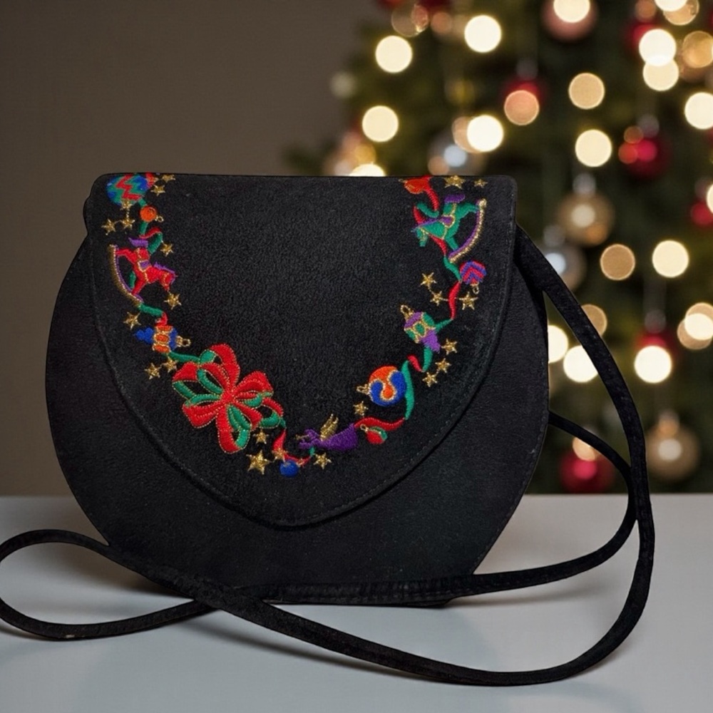 Vintage 1990s J. Renee Black Suede Embroidered Christmas Purse